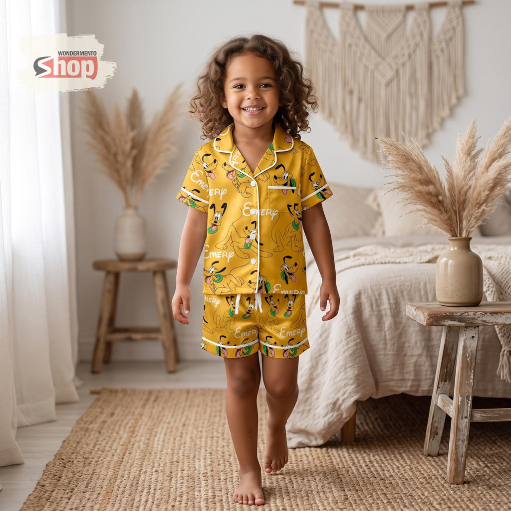 Personalized Pluto Kids Satin Pajamas Set, Custom Name Yellow Short PJs, Disney Character Sleepwear, Birthday Gift for Boys and Girls