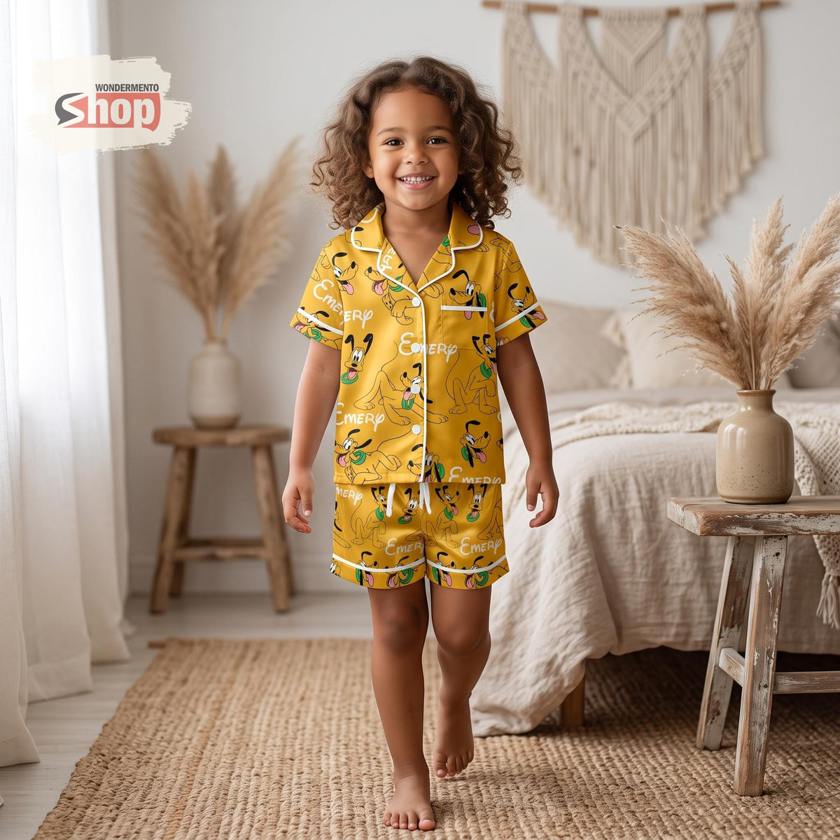 Personalized Pluto Kids Satin Pajamas Set, Custom Name Yellow Short PJs, Disney Character Sleepwear, Birthday Gift for Boys and Girls