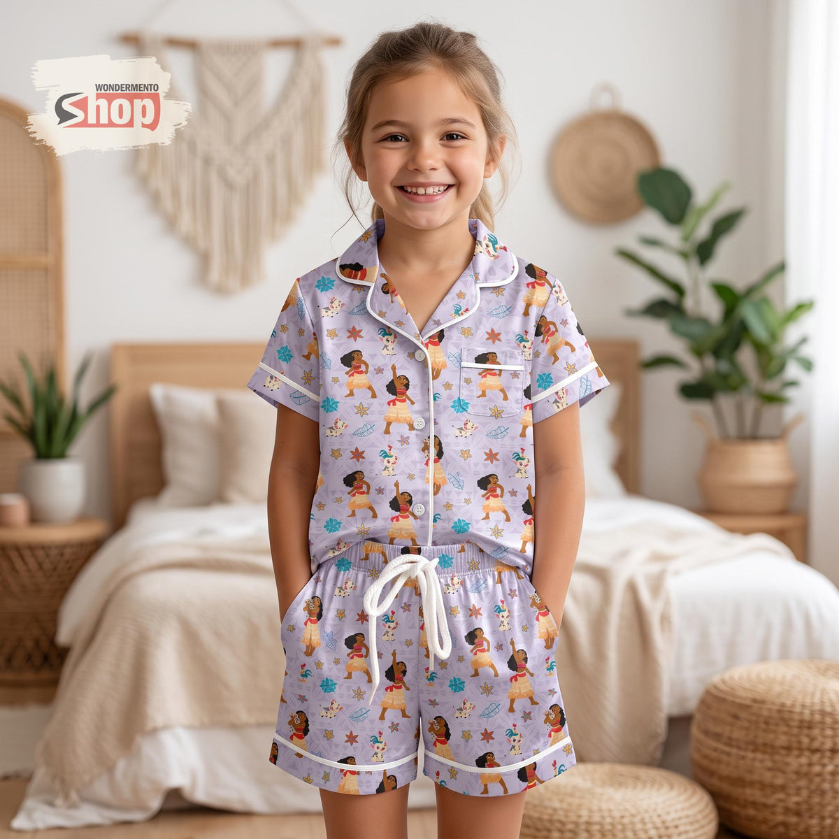 Moana Inspired Kids Satin Pajamas Set, Disney Princess Toddler Short PJs, Tropical Island Sleepwear, Cute Disney Vacation Gift for Girls