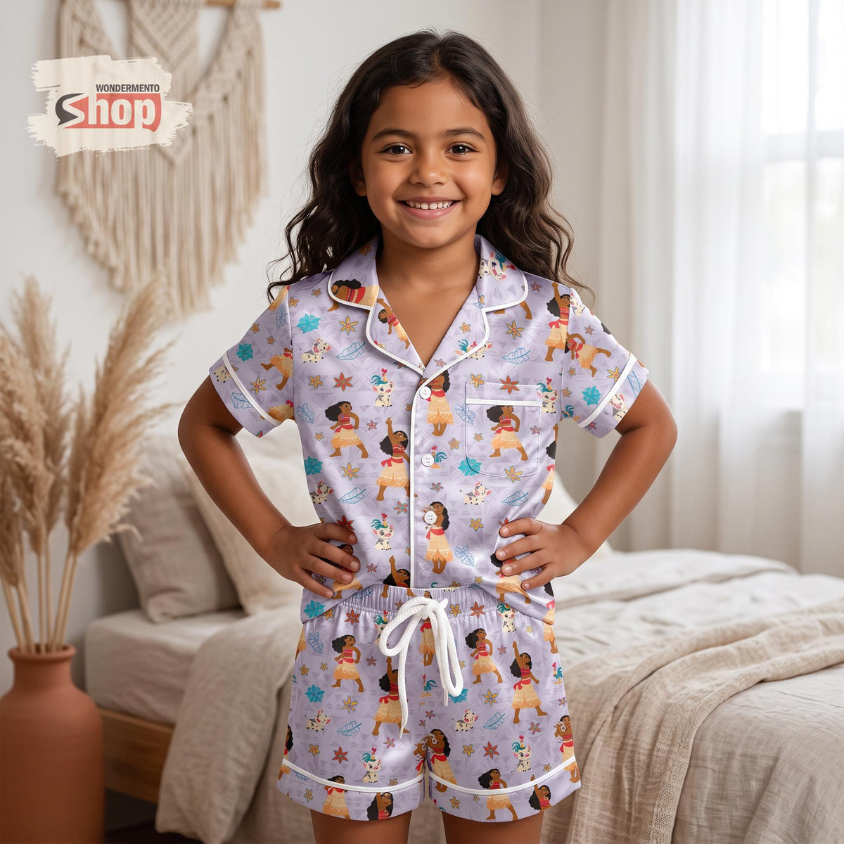 Moana Inspired Kids Satin Pajamas Set, Disney Princess Toddler Short PJs, Tropical Island Sleepwear, Cute Disney Vacation Gift for Girls