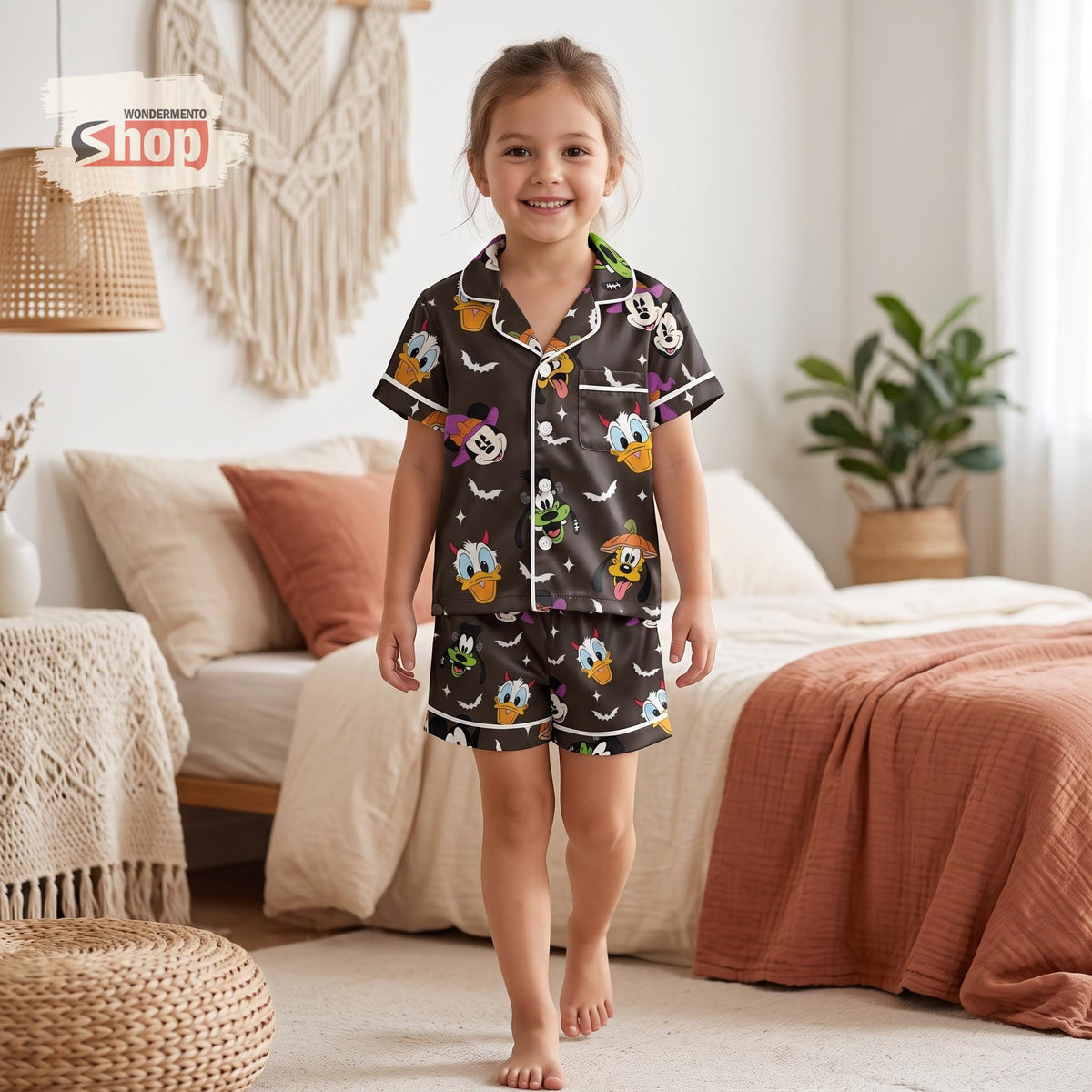 Mickey and Friends Halloween Kids Satin Pajamas Set, Witch Minnie Pumpkin Short PJs, Spooky Sleepwear, Halloween Gift for Girls and Boys