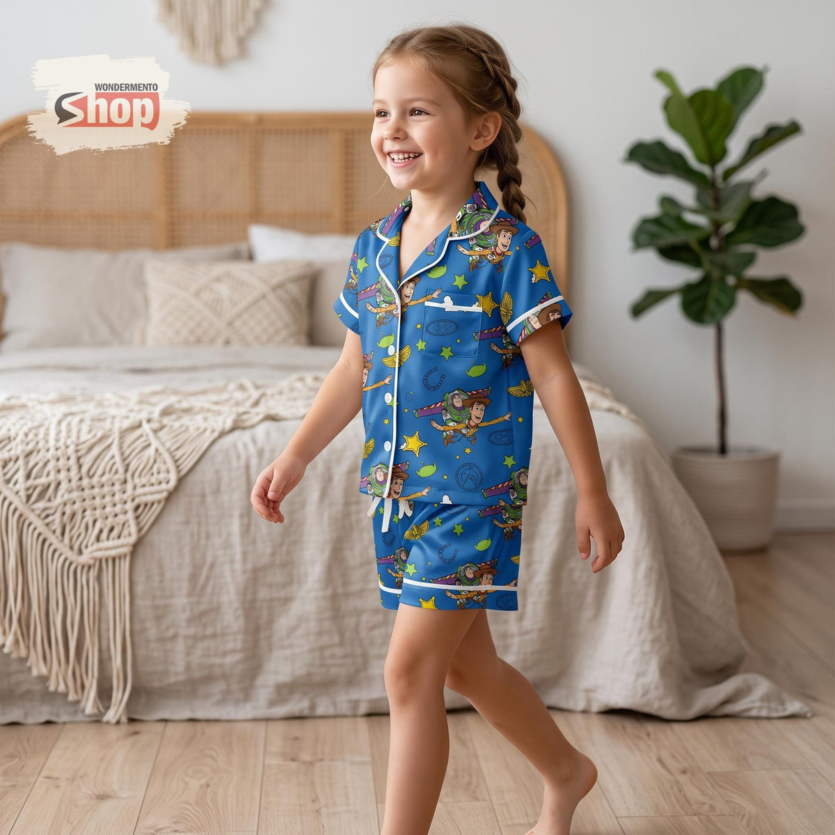 Toy Story Buzz Lightyear and Woody Kids Satin Pajamas Set, To Infinity and Beyond Short PJs, Blue Disney Sleepwear, Birthday Gift for Kids