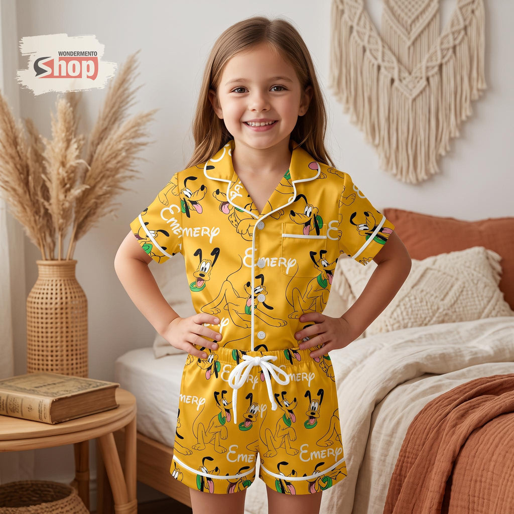 Personalized Pluto Kids Satin Pajamas Set, Custom Name Yellow Short PJs, Disney Character Sleepwear, Birthday Gift for Boys and Girls