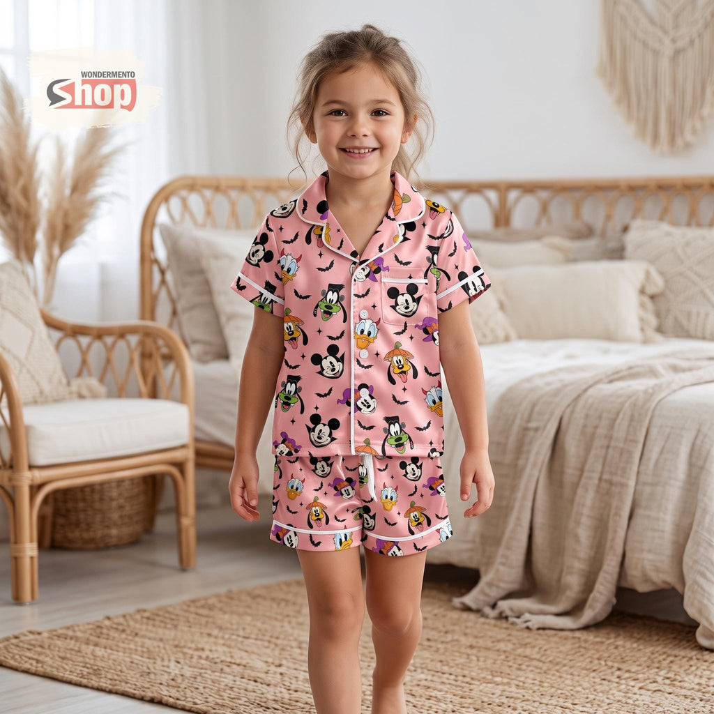 Mickey Vampire Minnie Witch Kids Satin Pajamas Set, Pluto Pumpkin Donald Duck Short PJs, Pink Halloween Sleepwear, Spooky Gift for Girls