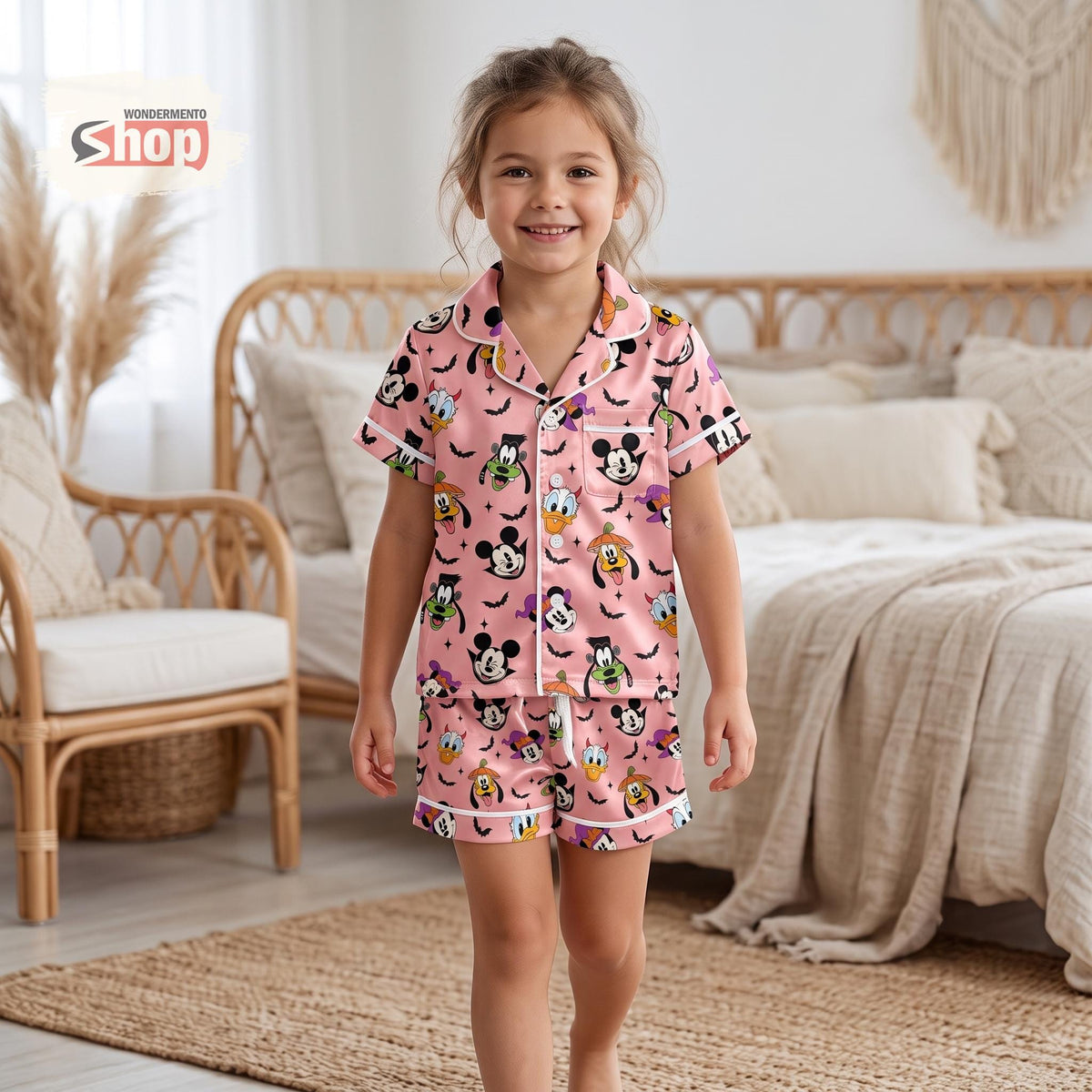 Mickey Vampire Minnie Witch Kids Satin Pajamas Set, Pluto Pumpkin Donald Duck Short PJs, Pink Halloween Sleepwear, Spooky Gift for Girls