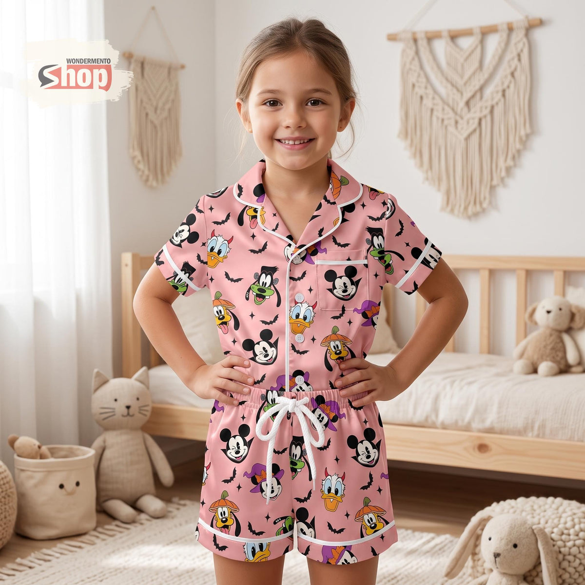 Mickey Vampire Minnie Witch Kids Satin Pajamas Set, Pluto Pumpkin Donald Duck Short PJs, Pink Halloween Sleepwear, Spooky Gift for Girls
