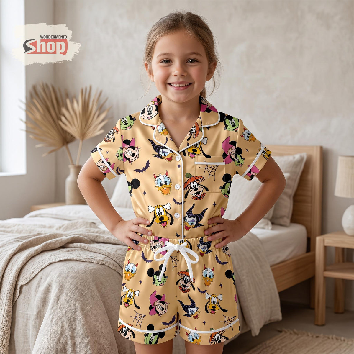 Mickey Vampire Minnie Witch Kids Satin Pajamas Set, Pluto Pumpkin Donald Duck Short PJs, Gold Halloween Sleepwear, Spooky Gift for Girls