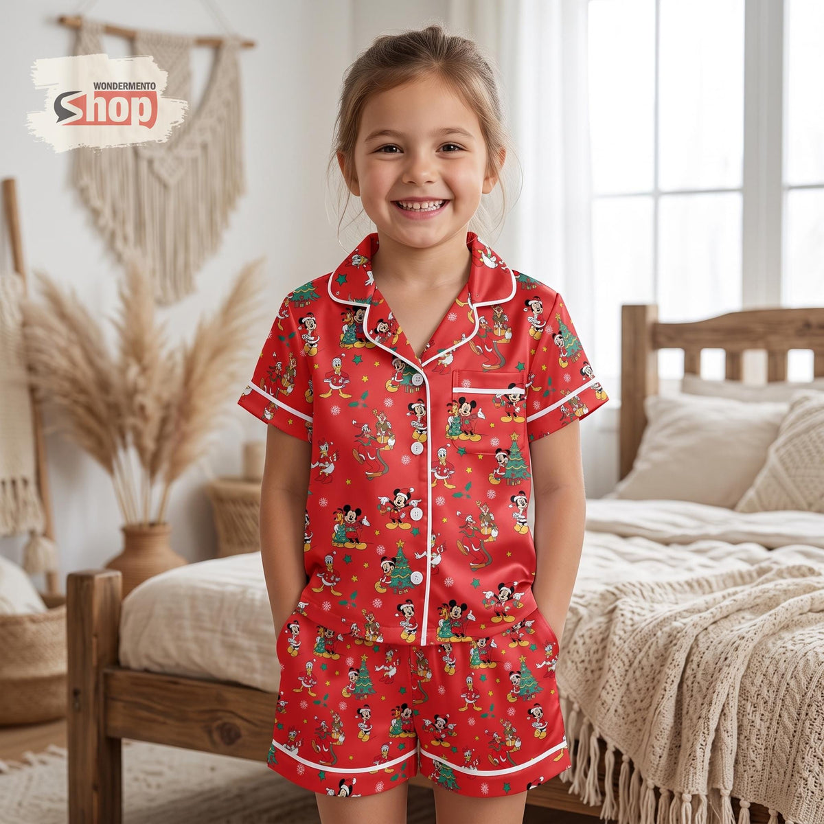 Mickey and Friends Christmas Kids Satin Pajamas Set, Xmas Tree Toddler Short PJs, Red Disney Holiday Sleepwear, Very Merry Party Gift