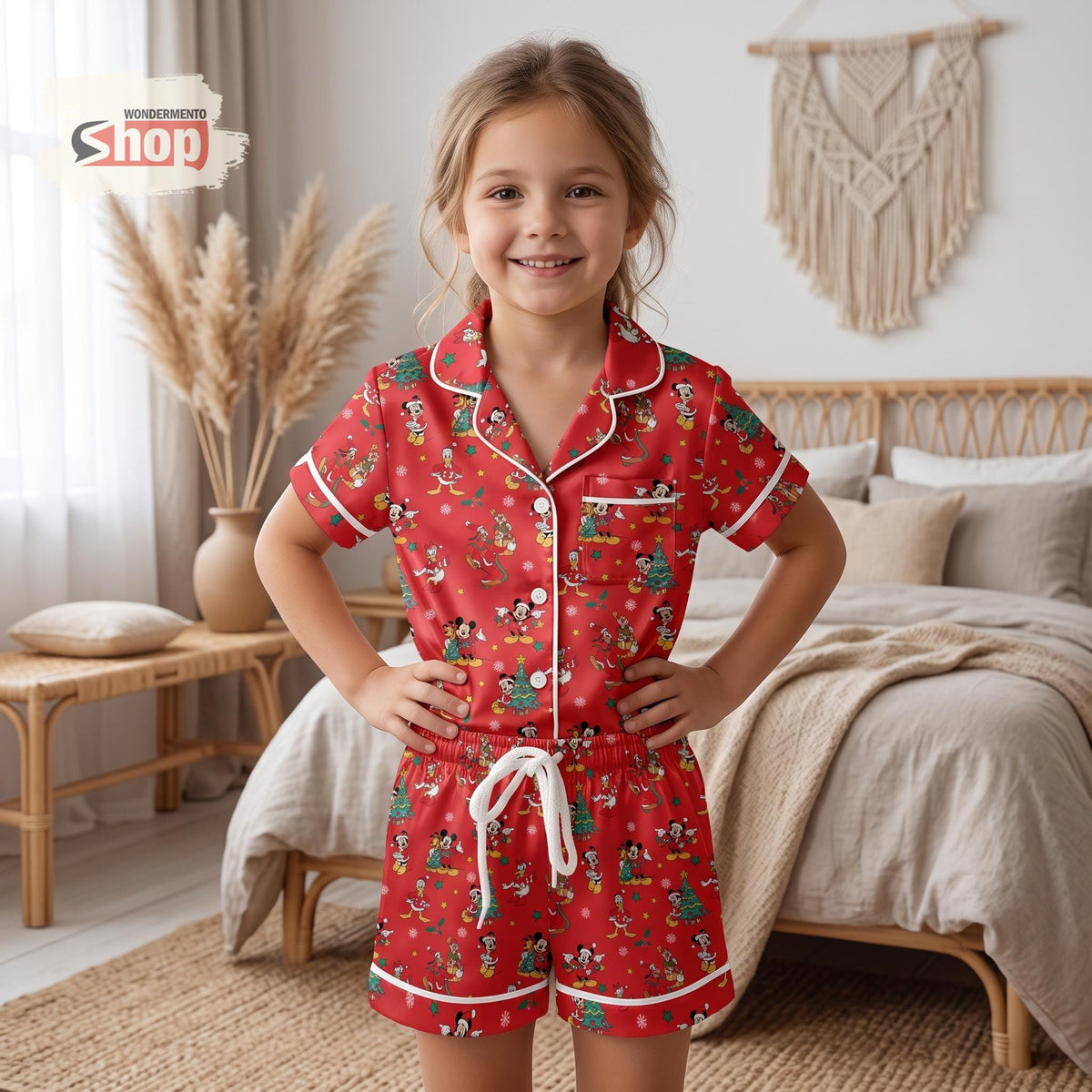 Mickey and Friends Christmas Kids Satin Pajamas Set, Xmas Tree Toddler Short PJs, Red Disney Holiday Sleepwear, Very Merry Party Gift