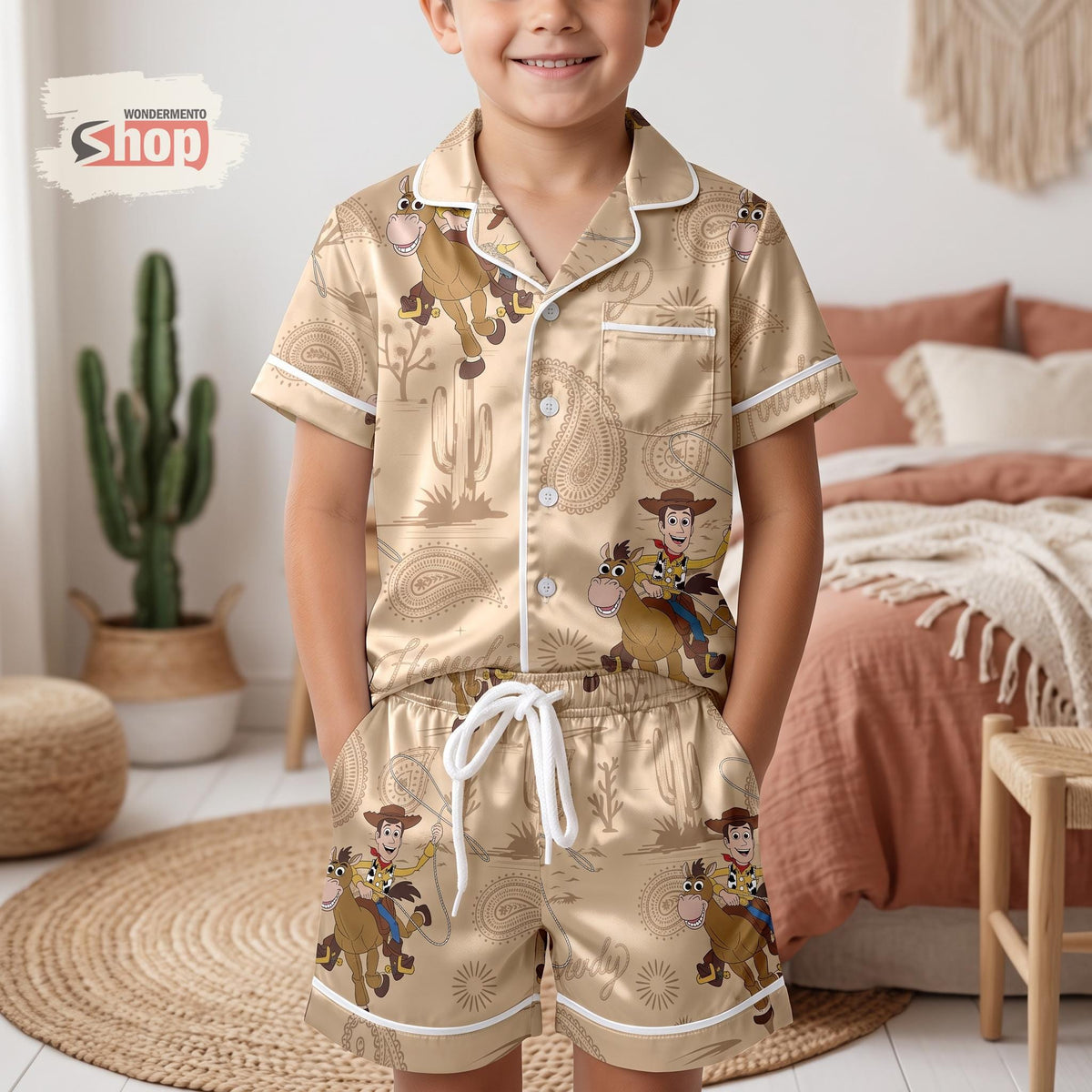 Woody and Bullseye Kids Satin Pajamas Set, Toy Story Cowboy Short PJs, Beige Bandana Western Sleepwear, Birthday Gift for Boys and Girls