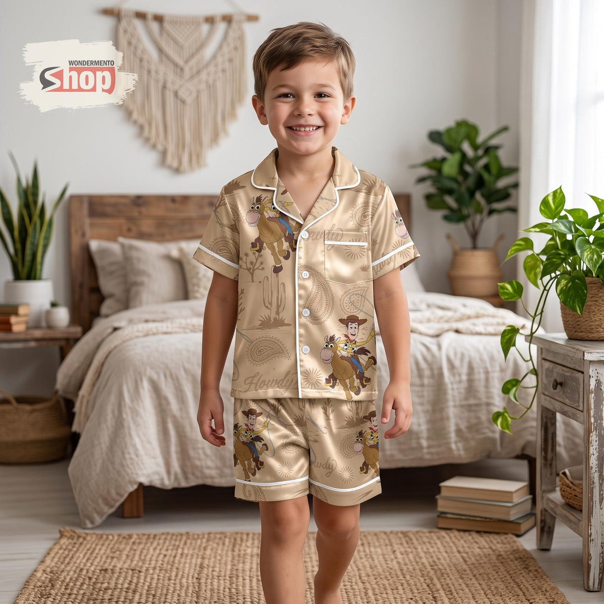 Woody and Bullseye Kids Satin Pajamas Set, Toy Story Cowboy Short PJs, Beige Bandana Western Sleepwear, Birthday Gift for Boys and Girls