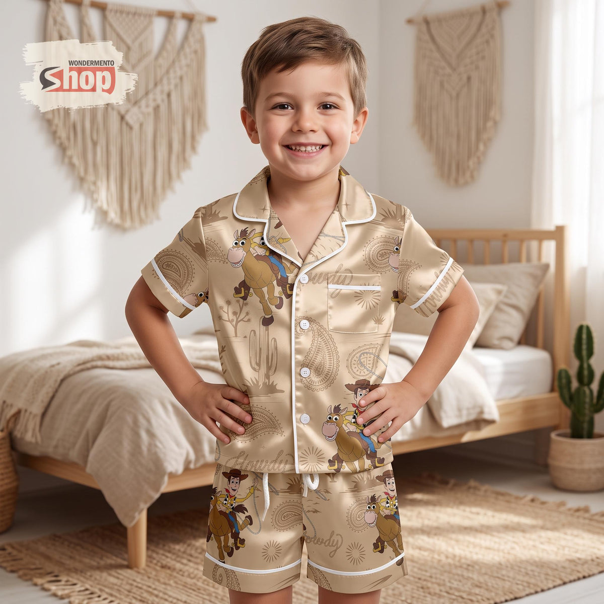 Woody and Bullseye Kids Satin Pajamas Set, Toy Story Cowboy Short PJs, Beige Bandana Western Sleepwear, Birthday Gift for Boys and Girls