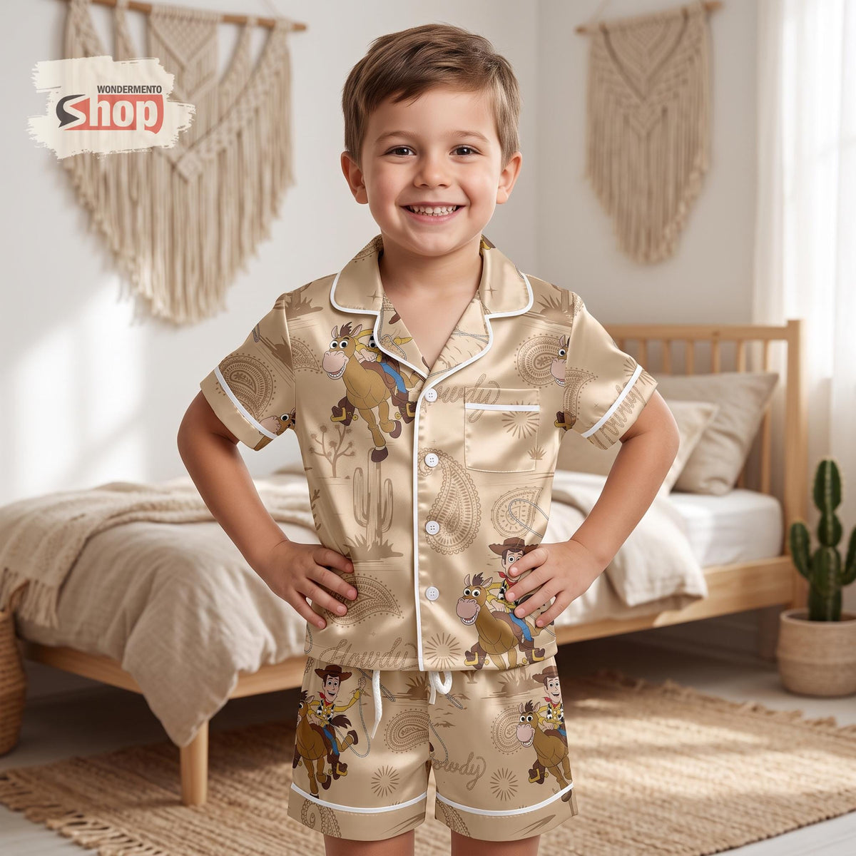 Woody and Bullseye Kids Satin Pajamas Set, Toy Story Cowboy Short PJs, Beige Bandana Western Sleepwear, Birthday Gift for Boys and Girls