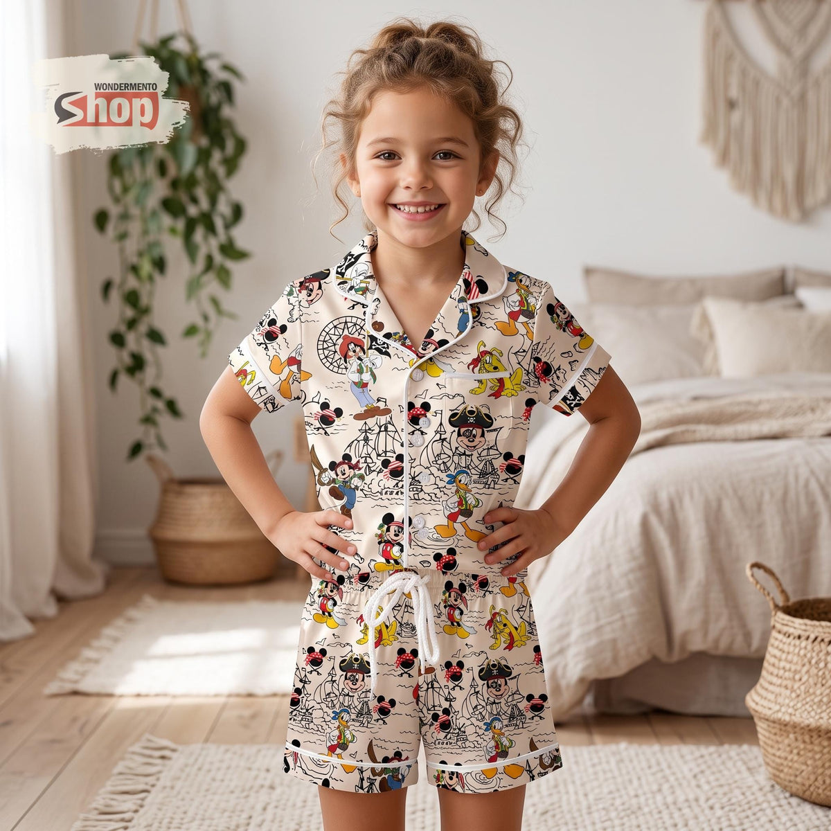 Mickey and Friends Pirate Cruise Kids Satin Pajamas Set, Donald Daisy Toddler Short PJs, Cute Treasure Map Vacation Sleepwear Gift