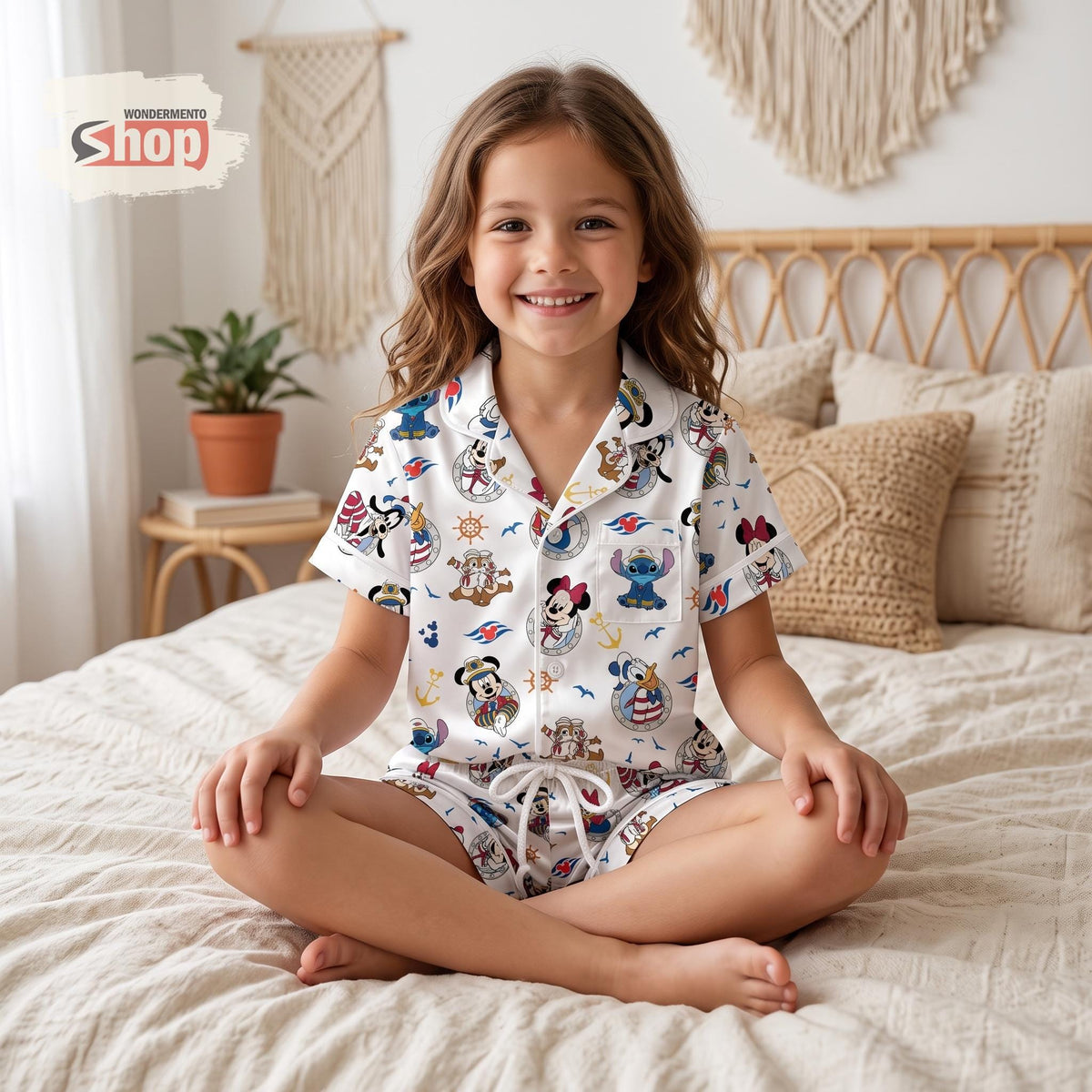 Stitch Mickey and Friends Disney Cruise Kids Satin Pajamas Set, Chip N Dale Toddler Short PJs, Cute Nautical Vacation Sleepwear Gift