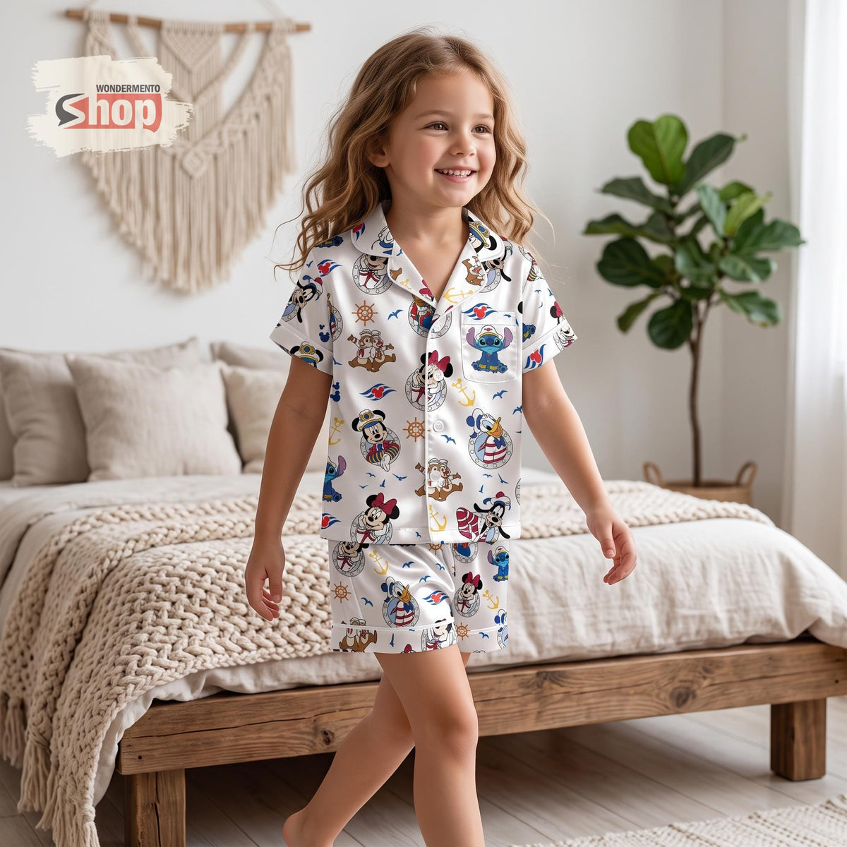 Stitch Mickey and Friends Disney Cruise Kids Satin Pajamas Set, Chip N Dale Toddler Short PJs, Cute Nautical Vacation Sleepwear Gift