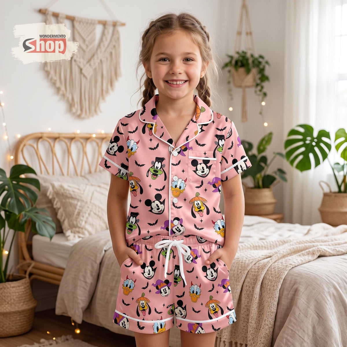 Mickey Vampire Minnie Witch Kids Satin Pajamas Set, Pluto Pumpkin Donald Duck Short PJs, Pink Halloween Sleepwear, Spooky Gift for Girls