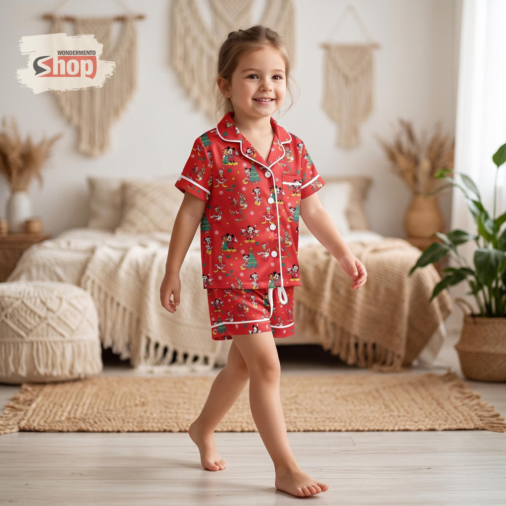 Mickey and Friends Christmas Kids Satin Pajamas Set, Xmas Tree Toddler Short PJs, Red Disney Holiday Sleepwear, Very Merry Party Gift