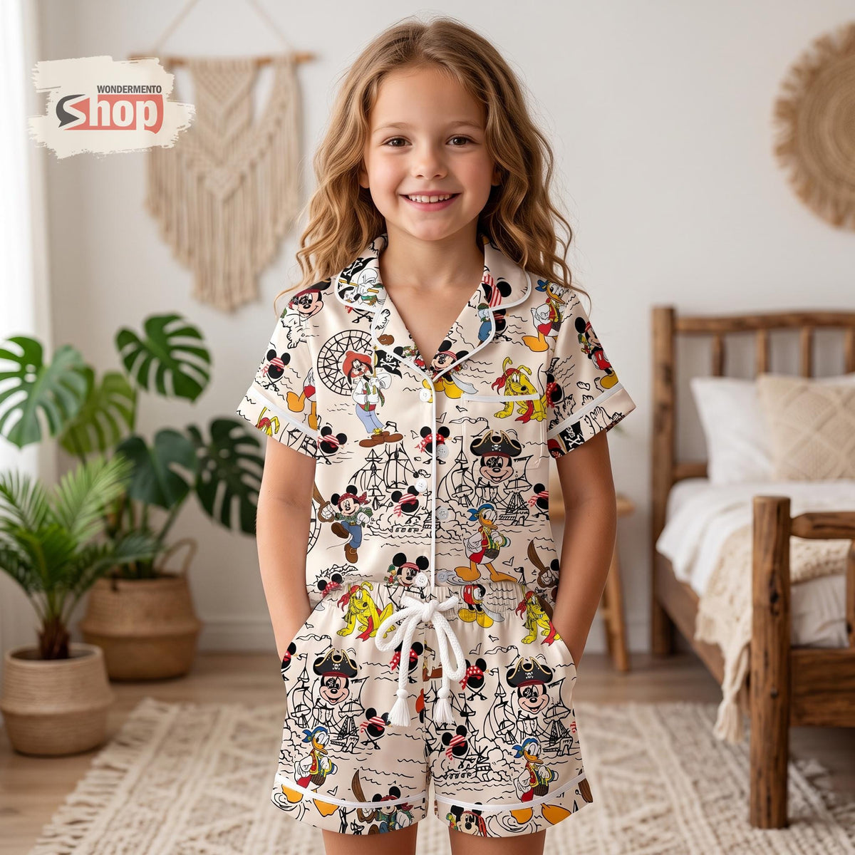 Mickey and Friends Pirate Cruise Kids Satin Pajamas Set, Donald Daisy Toddler Short PJs, Cute Treasure Map Vacation Sleepwear Gift