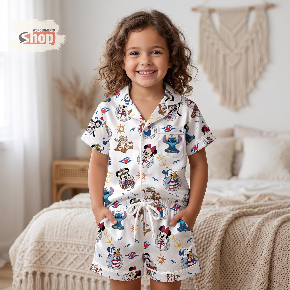 Stitch Mickey and Friends Disney Cruise Kids Satin Pajamas Set, Chip N Dale Toddler Short PJs, Cute Nautical Vacation Sleepwear Gift