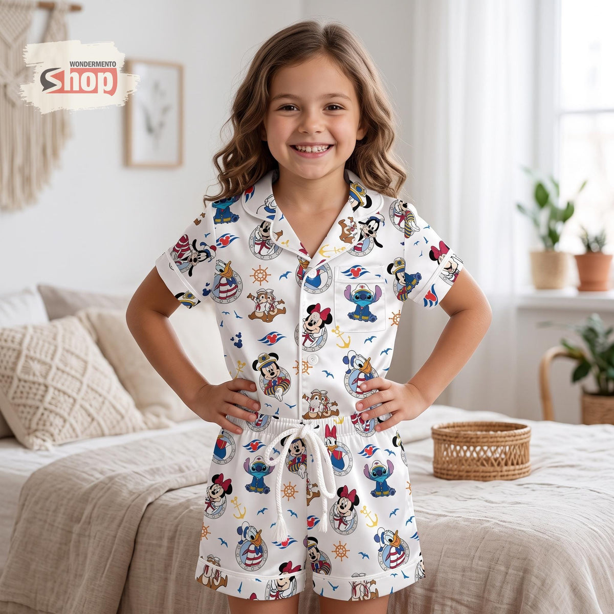 Stitch Mickey and Friends Disney Cruise Kids Satin Pajamas Set, Chip N Dale Toddler Short PJs, Cute Nautical Vacation Sleepwear Gift