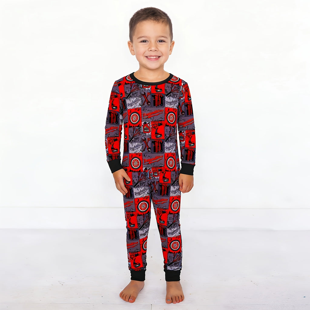 Kids Bamboo Two-Piece Pajama Set Red-Black Plaid Drive Wheels and Tools Game