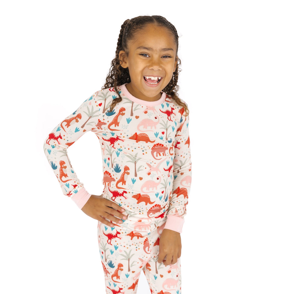 Lovasaurus Pink Valentine's Day Dinosaurs Two-Piece Bamboo Long Sleeve Kids Pajama Pants Set