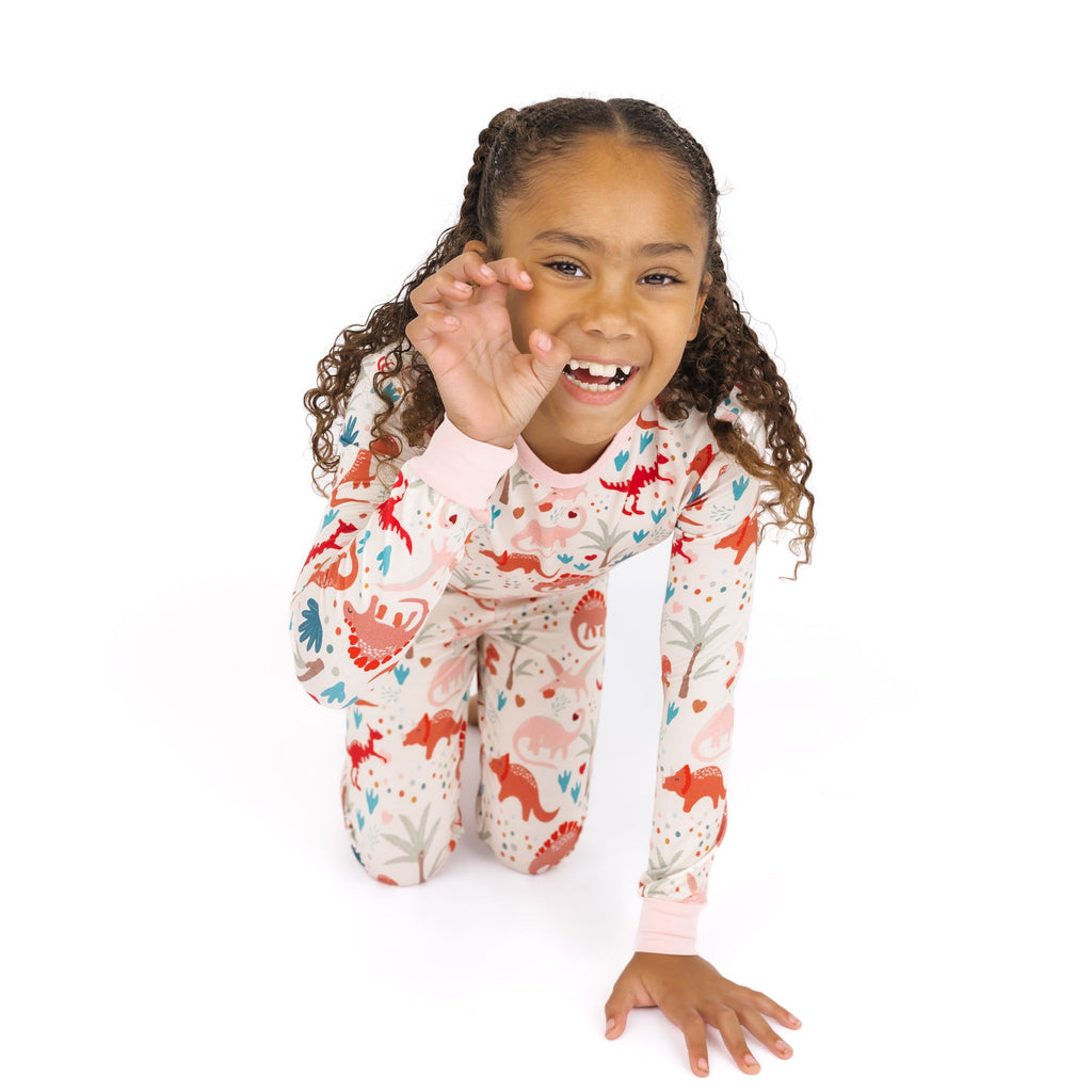 Lovasaurus Pink Valentine's Day Dinosaurs Two-Piece Bamboo Long Sleeve Kids Pajama Pants Set