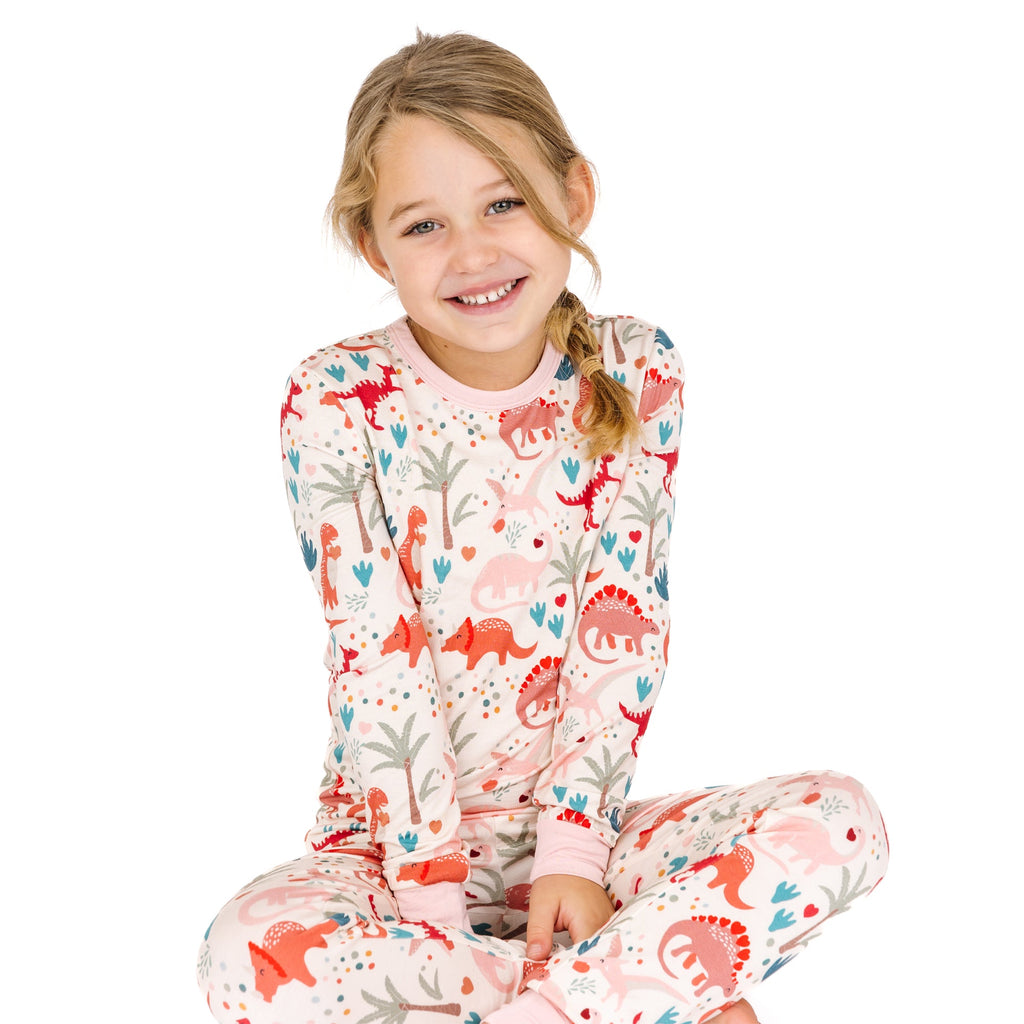 Lovasaurus Pink Valentine's Day Dinosaurs Two-Piece Bamboo Long Sleeve Kids Pajama Pants Set