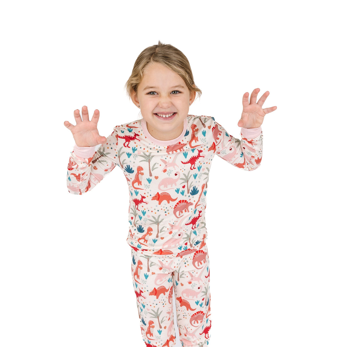 Lovasaurus Pink Valentine's Day Dinosaurs Two-Piece Bamboo Long Sleeve Kids Pajama Pants Set