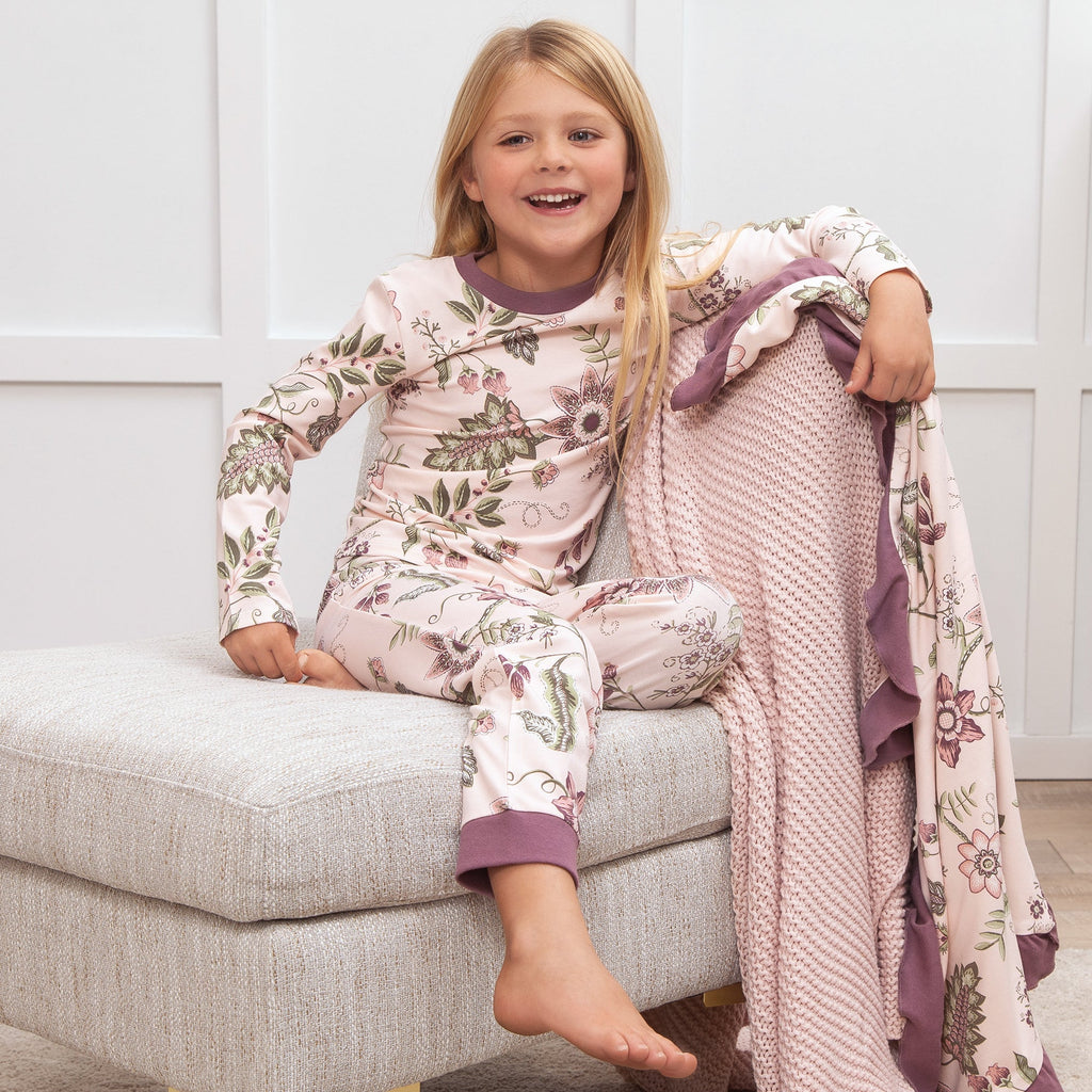 Girl's Floral Stitchery Bamboo Pajama Set 10Y & 12Y