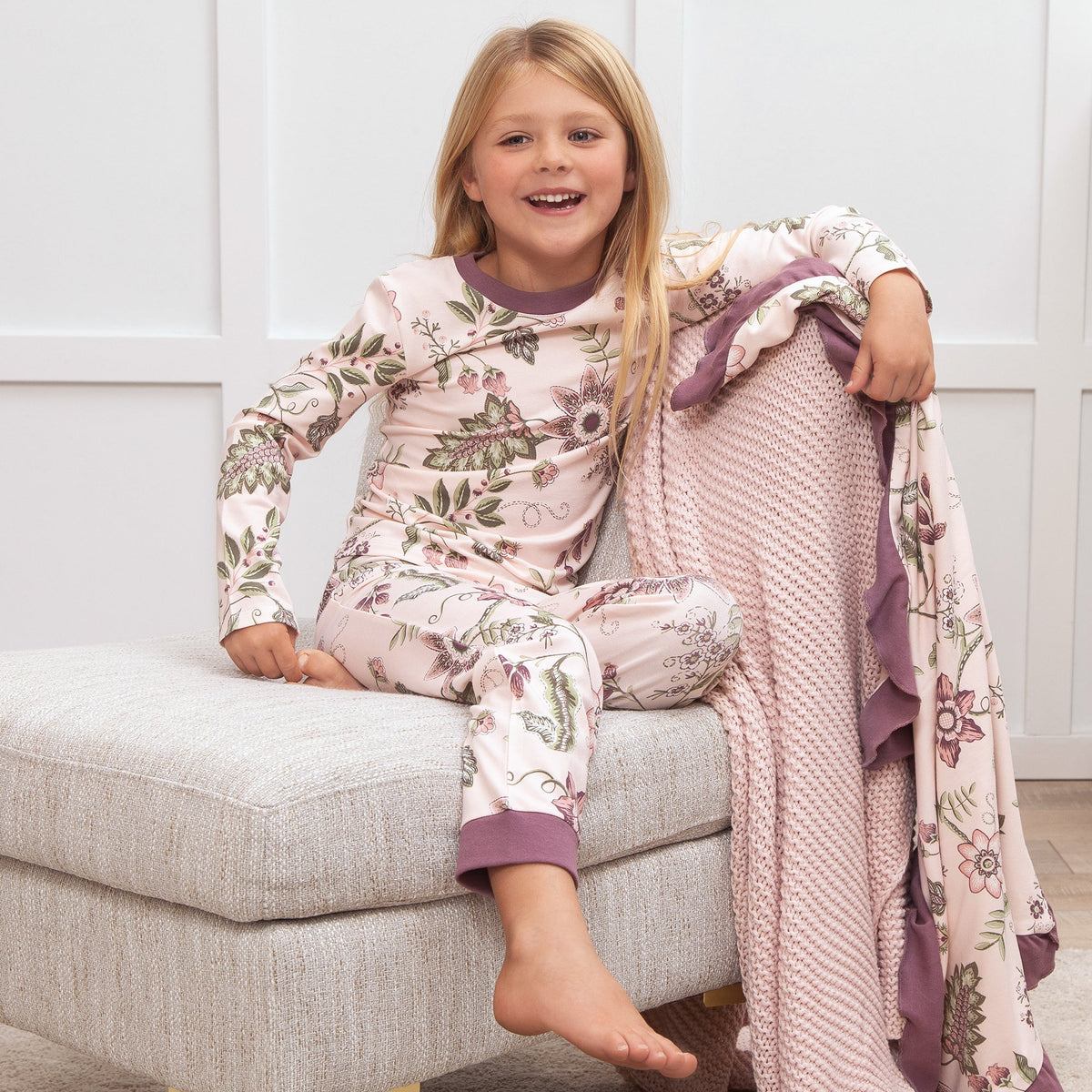 Girl's Floral Stitchery Bamboo Pajama Set 10Y & 12Y